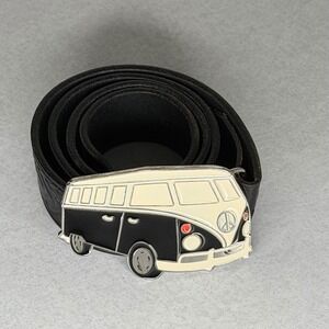 Vintage Black Leather Belt VW Bus Hippie Buckle Sz 32 Funky‎ Unique